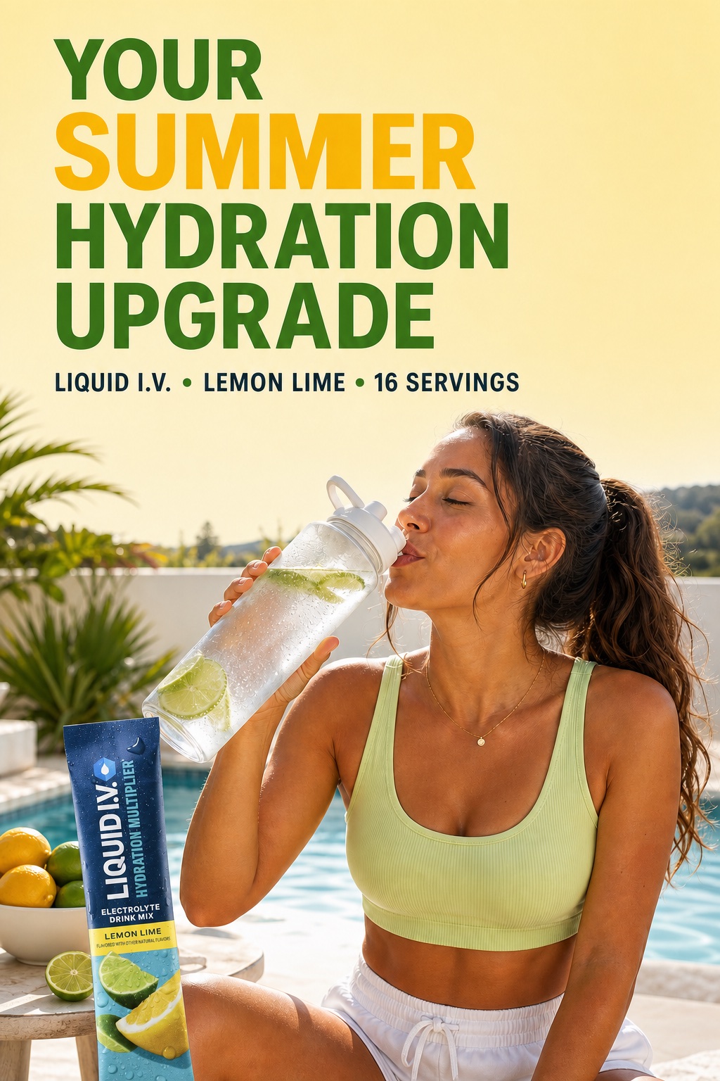 Woman drinking from a water bottle beside a Liquid I.V. Lemon Lime stick packet at a sunny poolside setting