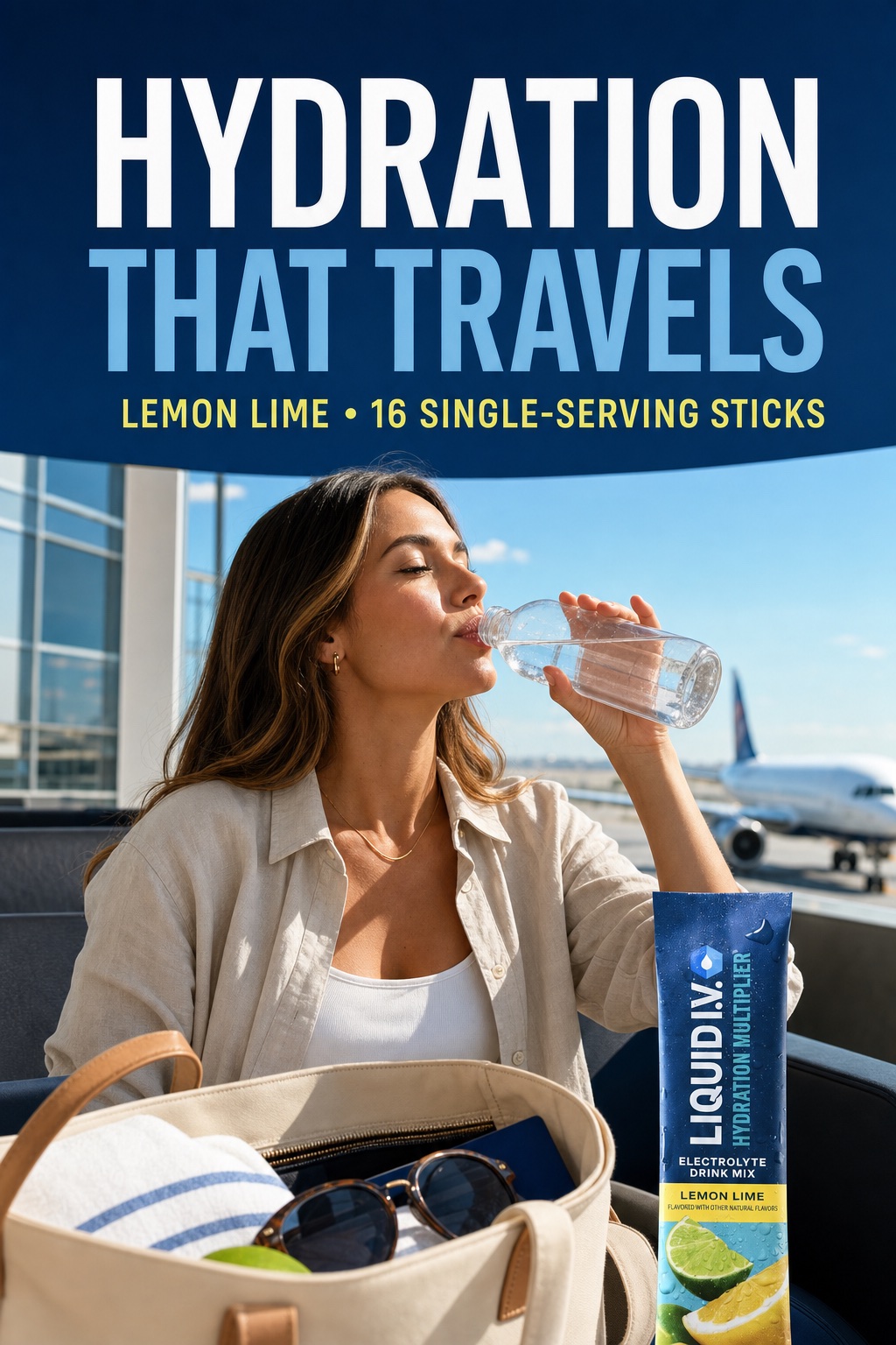 Woman drinking water in an airport lounge with a Liquid I.V. Lemon Lime stick packet