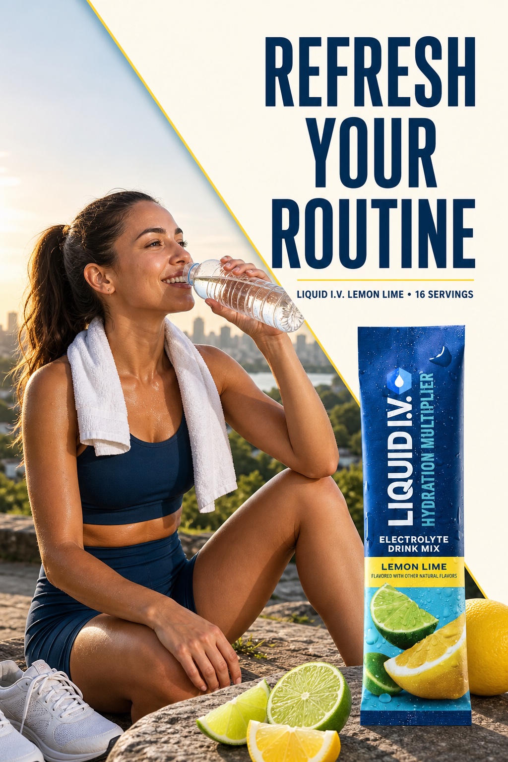 Woman drinking water after an outdoor workout with a Liquid I.V. Lemon Lime stick packet