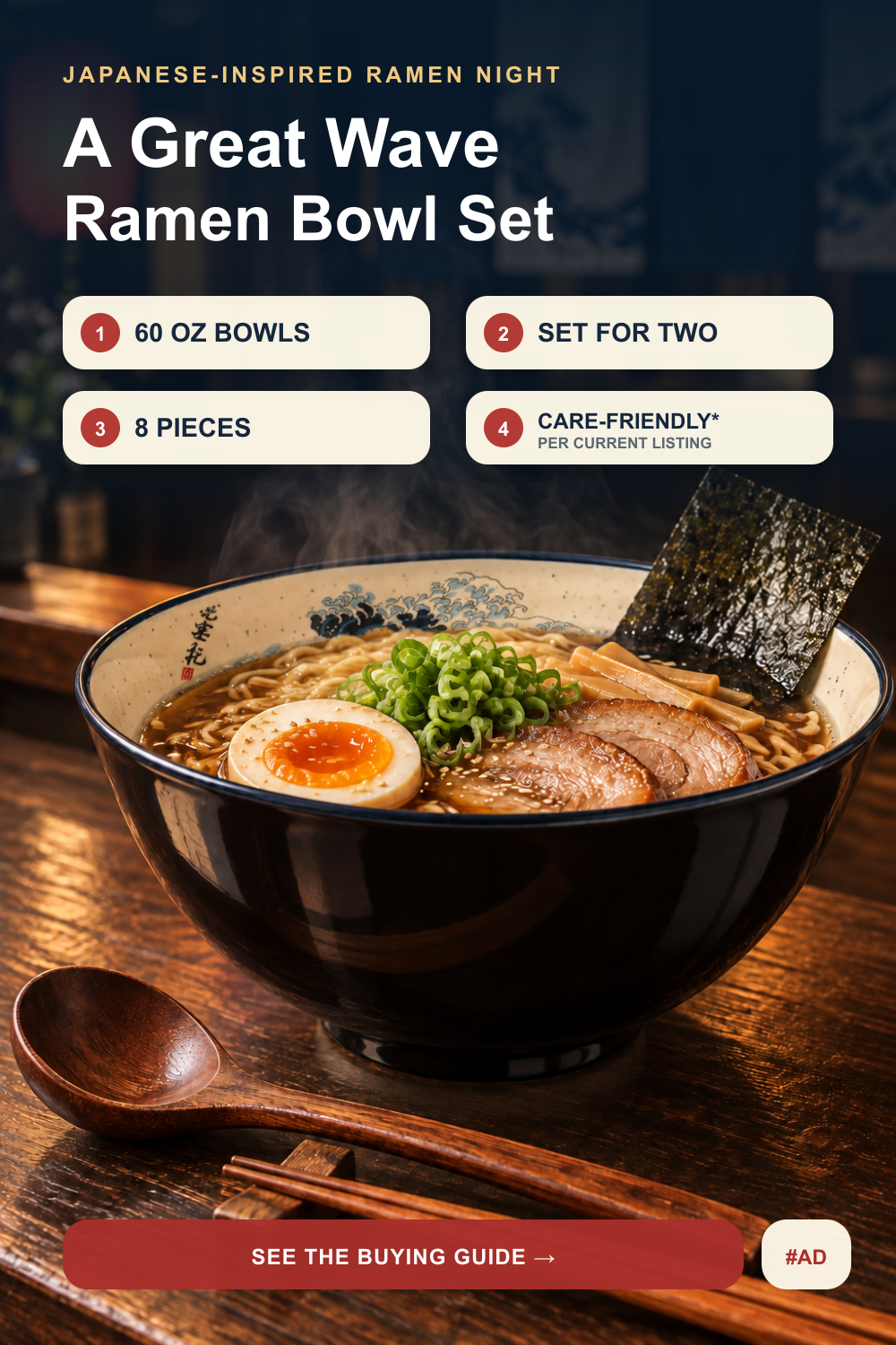 Steaming ramen in a glossy black bowl with a warm-cream Great Wave interior on a Japanese-inspired counter
