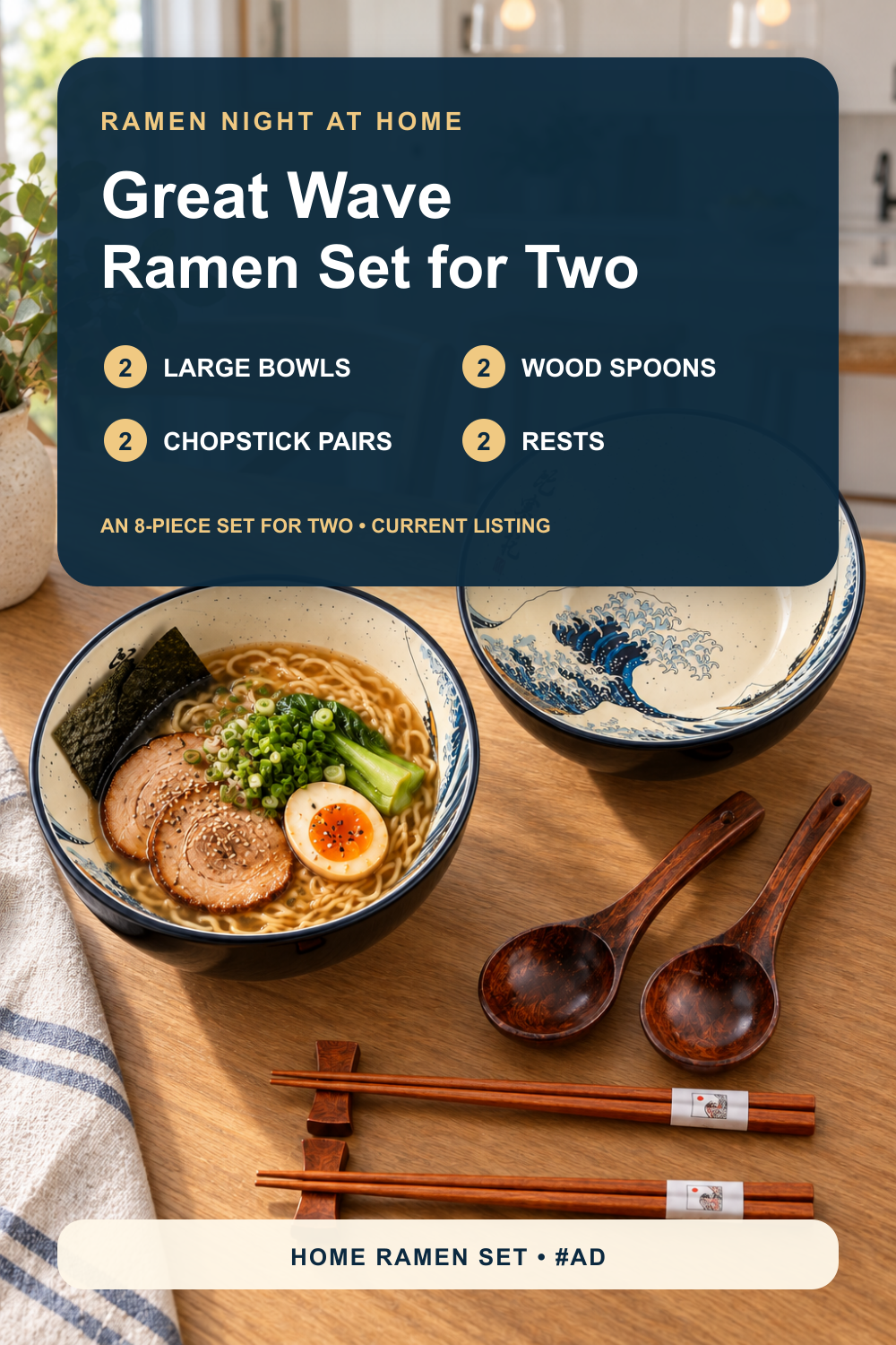Great Wave-inspired ramen set for two on a table in a bright contemporary American family kitchen