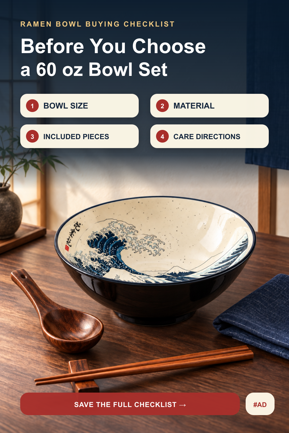 Glossy black ramen bowl with a warm-cream Great Wave interior beneath a four-point buying checklist