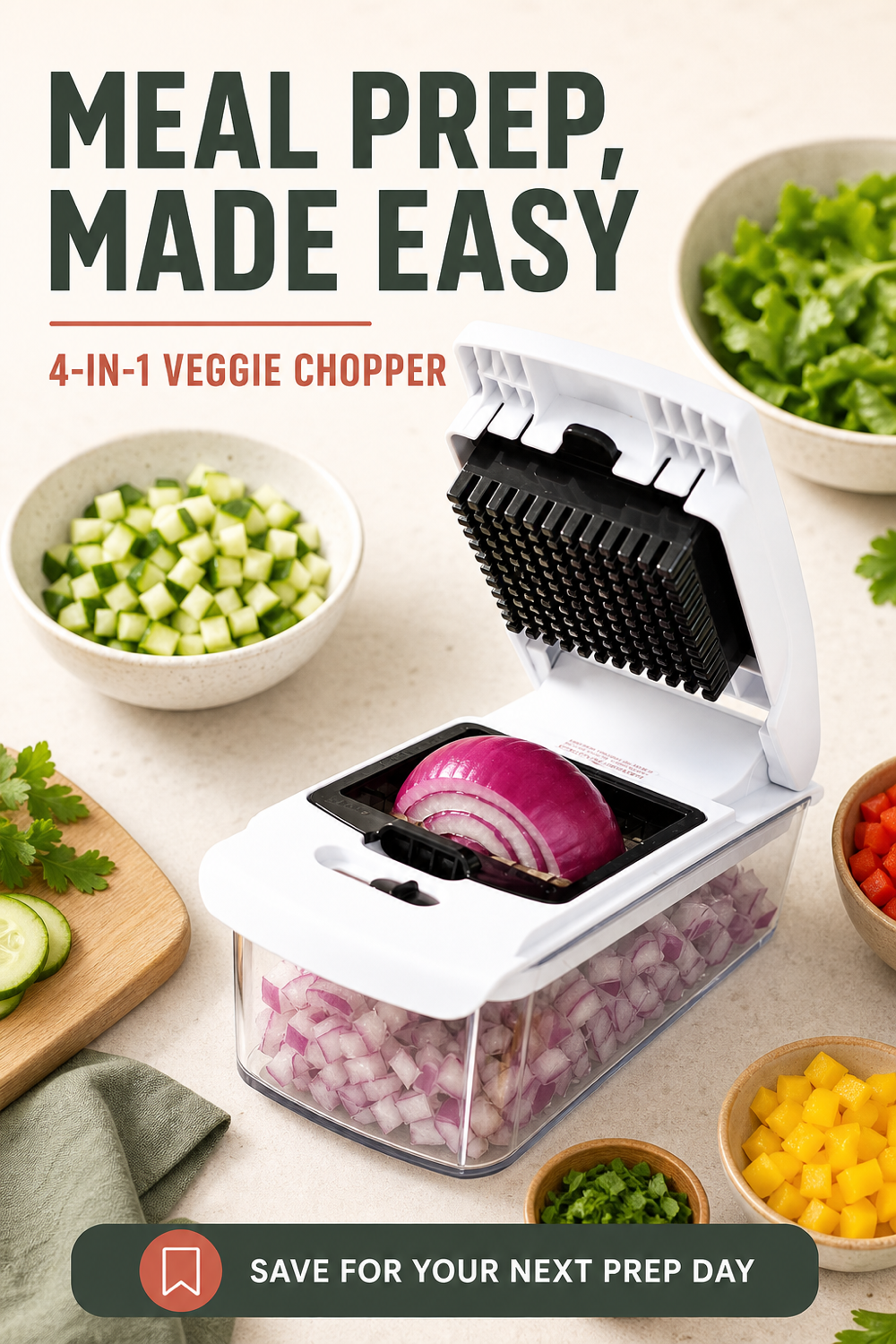 Meal Prep Made Easy graphic featuring the white vegetable chopper and prepared vegetables