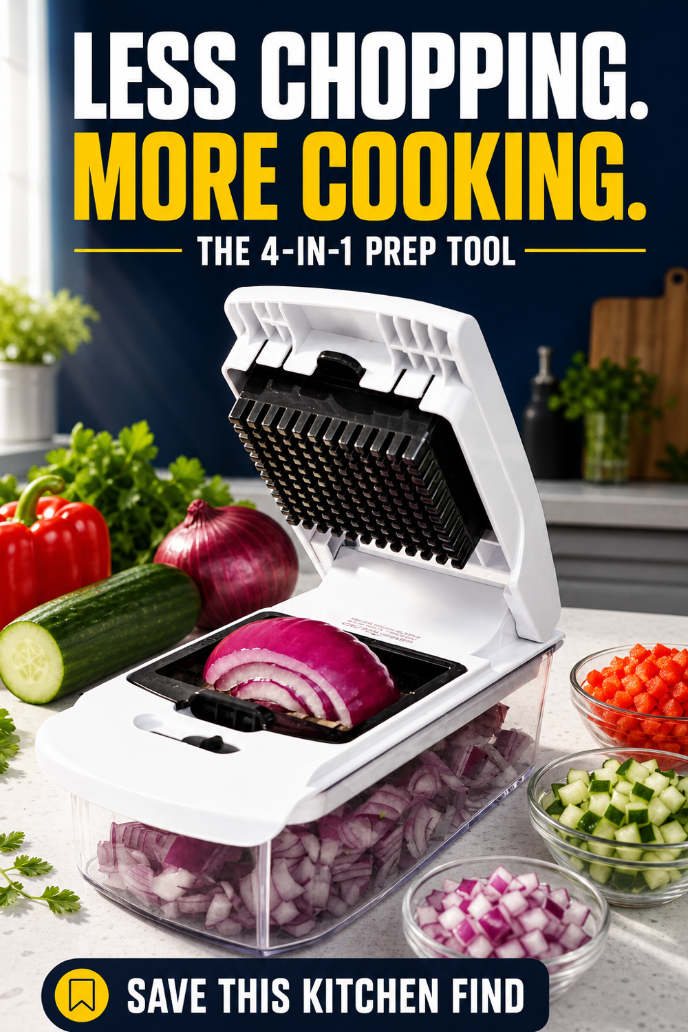 Less Chopping More Cooking graphic featuring the vegetable chopper