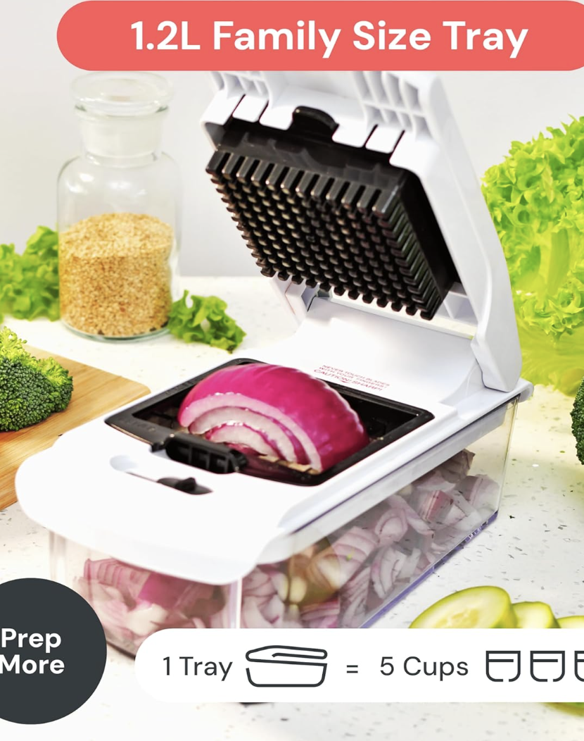 White Fullstar-style vegetable chopper open over a clear tray with diced red onion