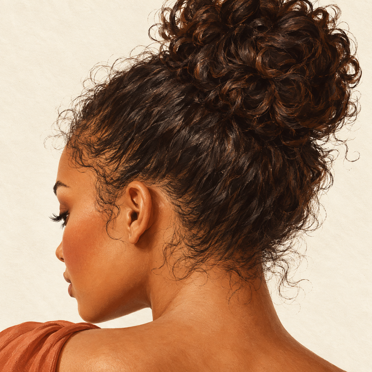 AI illustration of an adult woman with a high bun and visible flyaways near her hairline