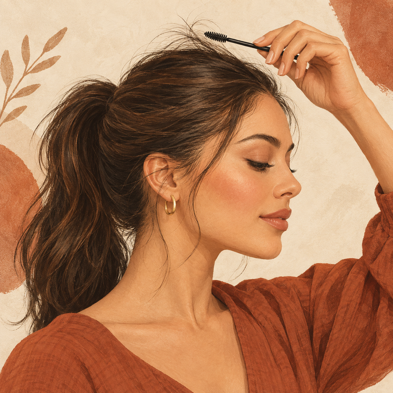 AI illustration of a woman touching up flyaways near the top of a ponytail with a generic spoolie brush