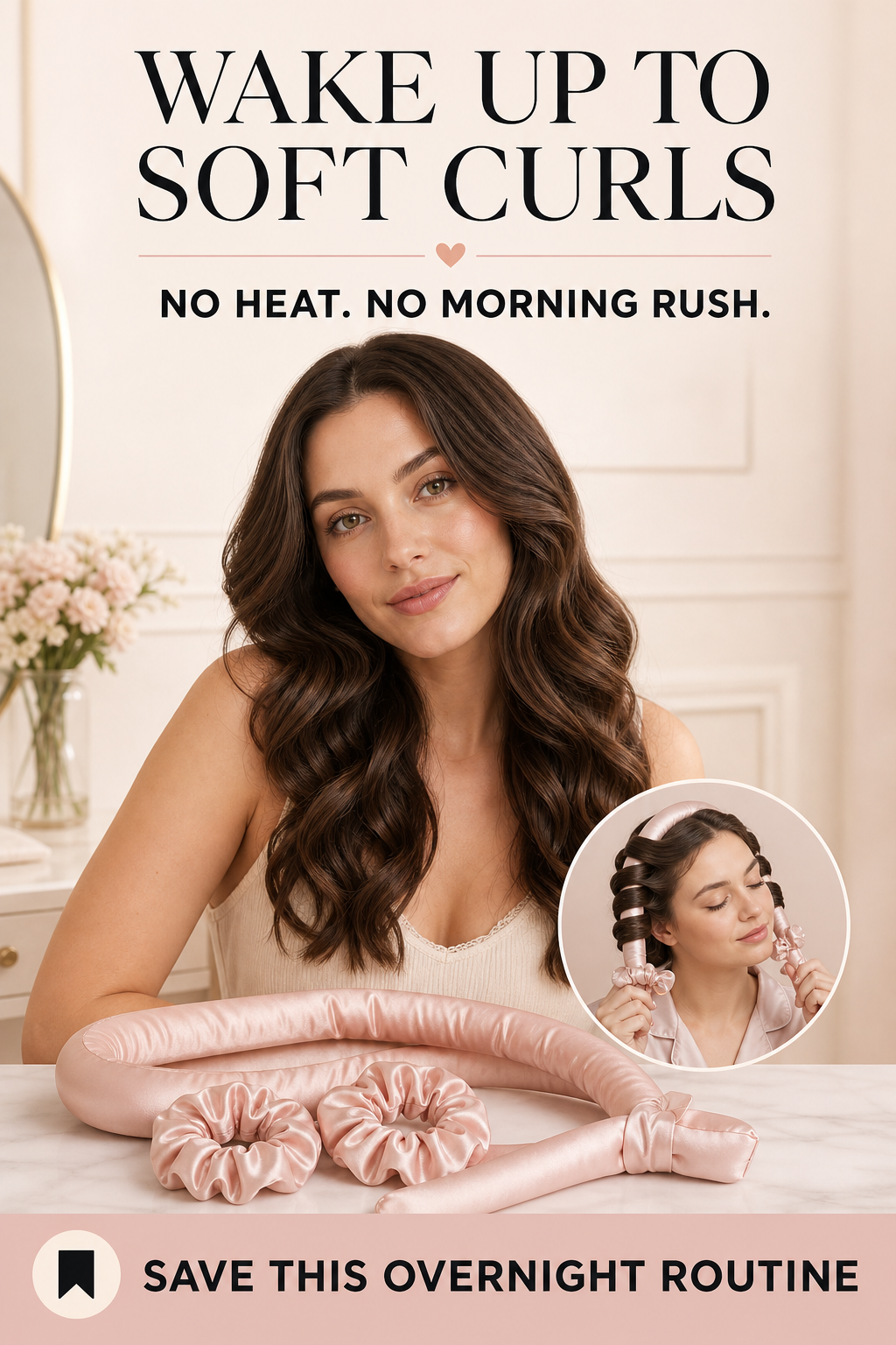Woman with soft curls beside a blush satin heatless curling rod and two scrunchies