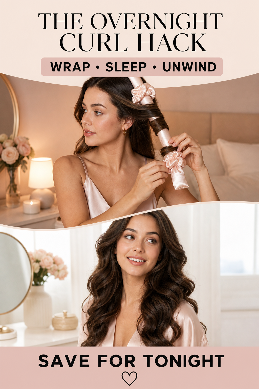 Woman wrapping hair around a blush satin rod at night and showing soft curls in the morning