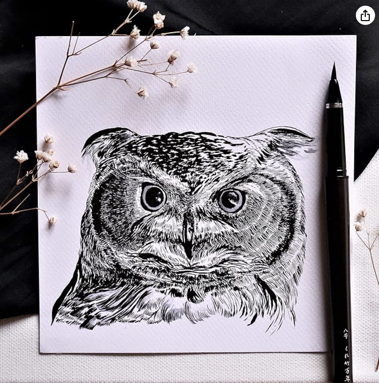 Kuretake TAKUJO No.8 black fountain brush pen displayed beside a detailed owl ink illustration