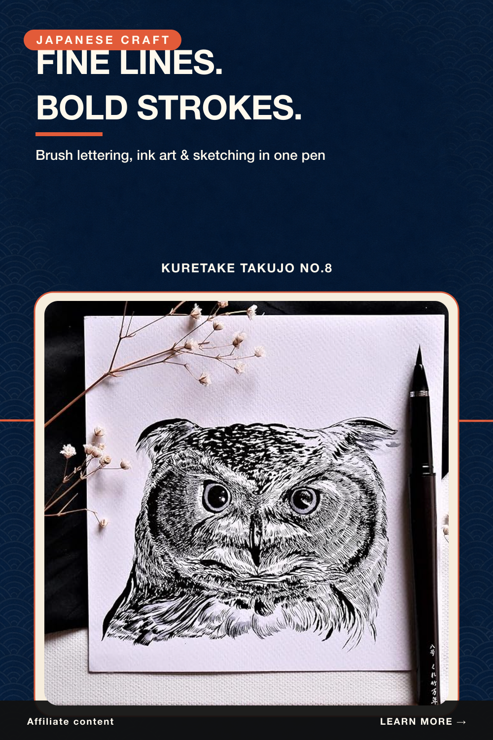 Indigo editorial graphic showing the Kuretake brush pen beside an owl drawing with the words Fine Lines, Bold Strokes