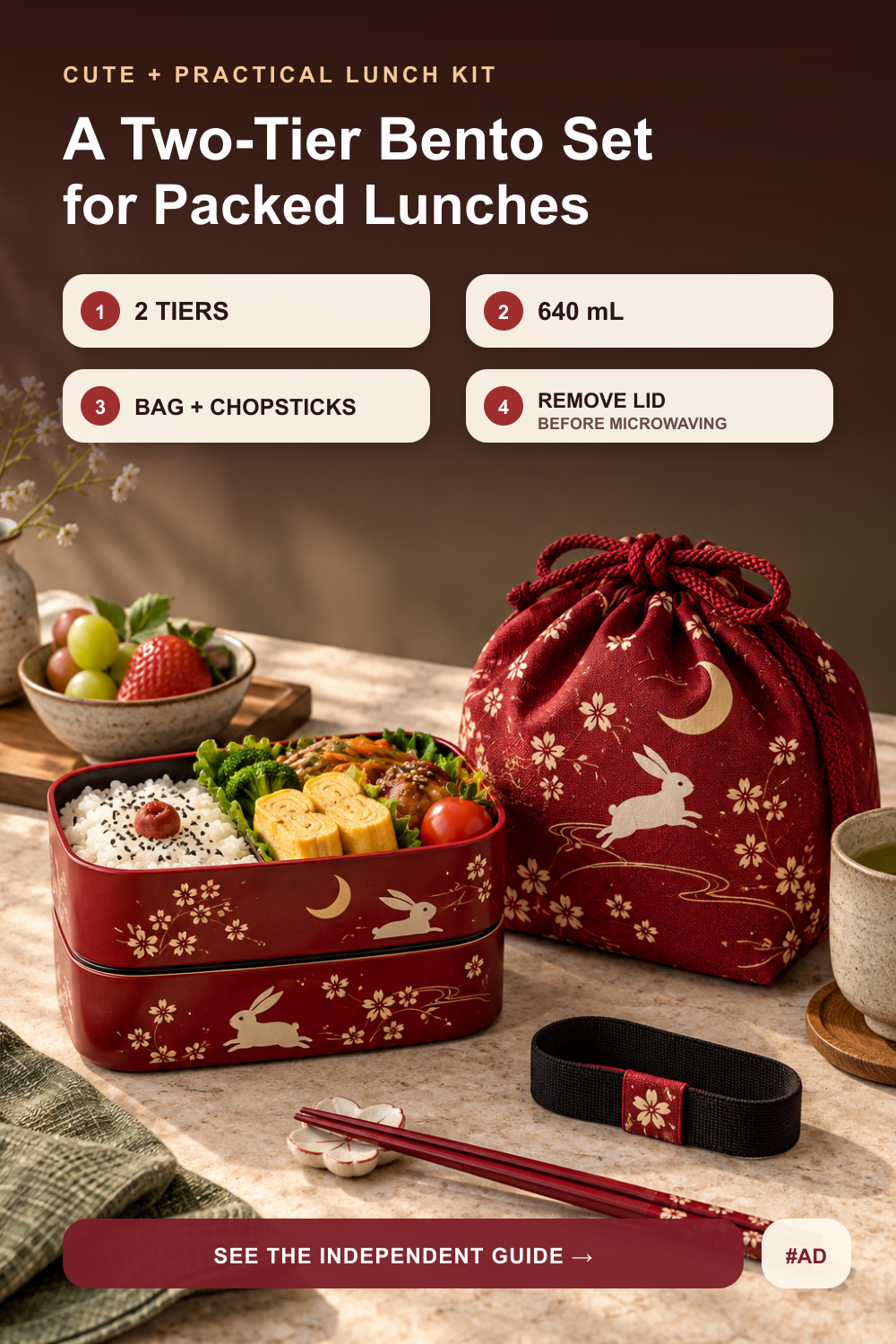 Red two-tier bento box with a rabbit-and-moon pattern, matching bag and a four-point product overview