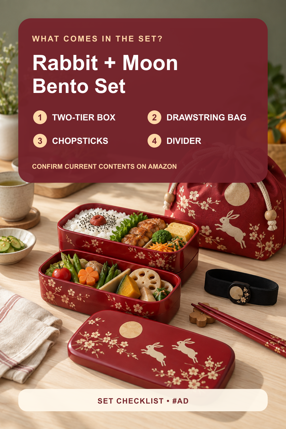 Open red two-tier bento box with matching accessories beneath an included-items checklist