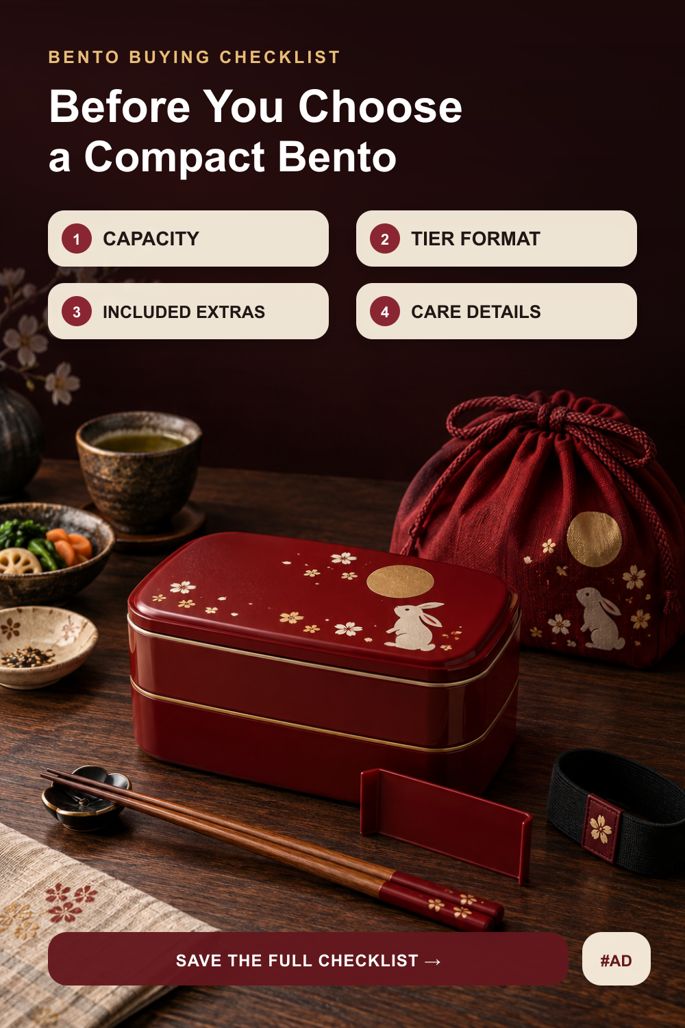 Closed red two-tier bento set beneath a four-point buying checklist